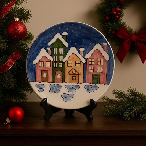BIANCONI PIETRO Hand Painted Decorative Plate Italy Winter Village Scene Round - Picture 10 of 10